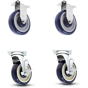 5" Polyurethane Plate Casters - 4 Pack with Double Ball Bearing Top Plate and 1400 lbs Total Capacity (Dark Blue/Beige, 4 Swivel 2 with Brake)