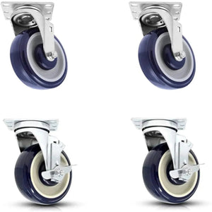 5" Polyurethane Plate Casters - 4 Pack with Double Ball Bearing Top Plate and 1400 lbs Total Capacity (Dark Blue/Beige, 4 Swivel 2 with Brake)