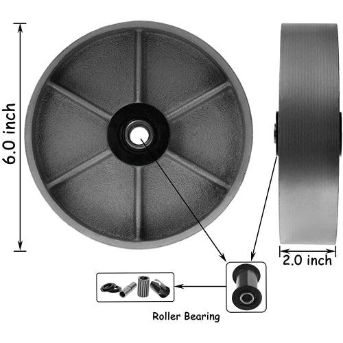 Heavy Duty 6" Cast Iron Caster Wheel with Rolling Bearing, Steel Bushing & 2" Extra Width - 8 Pack, 6600 lbs Total Capacity