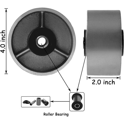 2 Pack of 4 Inch Heavy Duty Steel Cast Iron Caster Wheels with Rolling Bearing and 2 Inch Tread Width - Total Capacity 1400 lbs