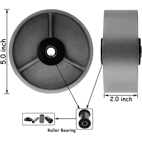 5" Plate Caster, Heavy Duty Steel Cast Iron Wheel w/Top Plate Caster Extra Width 2 inches 1000 lbs Total Capacity (5 inches, Silver Rigid)