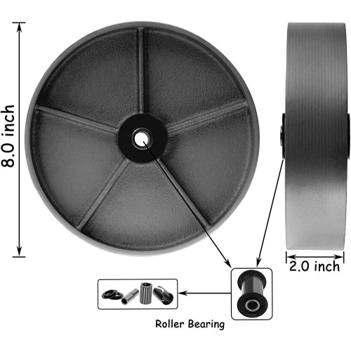 8-Inch Heavy Duty Plate Caster with Steel Cast Iron Wheel, 2-Inch Extra Width Top Plate Caster, 1300lbs Total Capacity, Silver Swivel with Brake