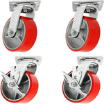 6" Heavy Duty Plate Casters - Pack of 4 with Swivel and Brake, 4800lbs Capacity, Polyurethane Mold on Steel Wheel