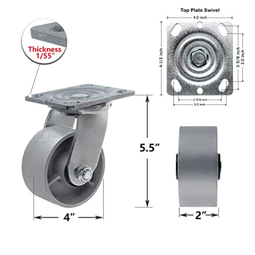 Heavy Duty Caster Steel Cast Iron Wheel, Tool Box and Workbench Caster-Set of 4 3000 LB Capacity (4 inch, 2 Swivel & 2Rigid)