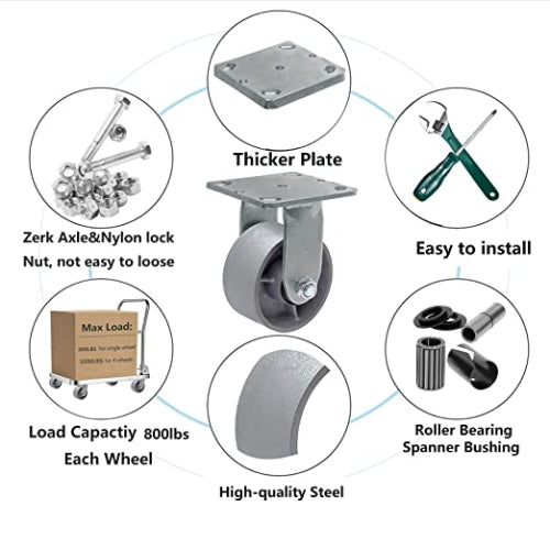 Heavy Duty Caster Steel Cast Iron Wheel, Tool Box and Workbench Caster-Set of 4 3000 LB Capacity (4 inch, 2 Swivel & 2Rigid)