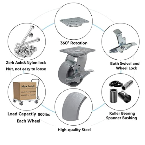 Heavy Duty Caster Steel Cast Iron wheel, Tool box and Workbench Caster-Set of 4, 3000 LB Capacity (4 inch, 2 Brake & 2 Rigid)