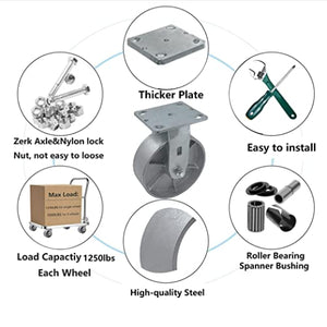 Heavy Duty Caster Steel Cast Iron Wheel, Tool Box and Workbench Rigid Caster 1000 LB Capacity (5 inch, 1 Rigid)