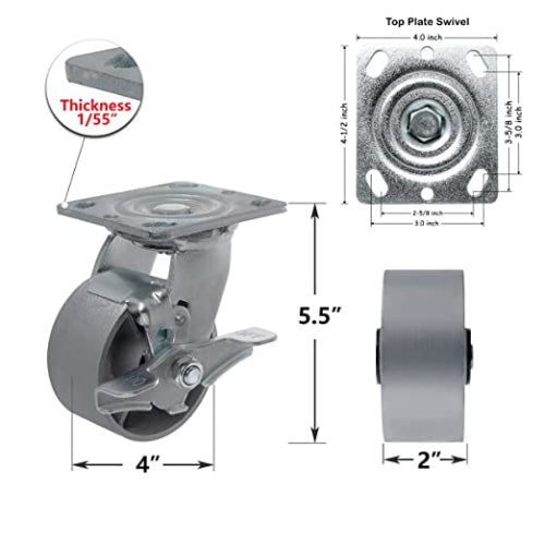 Heavy Duty Caster Steel Cast Iron Wheel, Tool Box and Workbench Swivel Caster 3000 LB Capacity (4 inch,2Brakes&2Swivel)