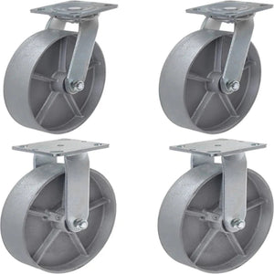 Set of 4 Heavy Duty Steel Cast Iron Casters - 5200 lbs Capacity - 8" Wheel (2 Swivel & 2 Rigid)