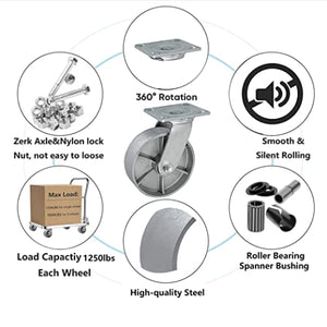 Heavy Duty Caster Steel Cast Iron Wheel, Tool Box and Workbench Swivel Caster 1250 LB Capacity (6 inch,1 Swivel)