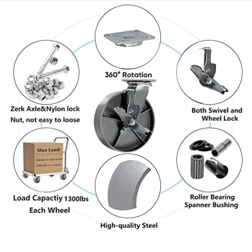 Heavy Duty Caster Steel Cast Iron Wheel, Tool Box and Workbench Caster-Set of 4, 5200LB Capacity (8 inch, 2Brake & 2 Swivel)