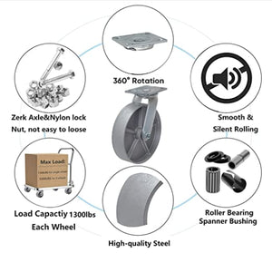 Heavy Duty Caster Steel Cast Iron Wheel, Tool Box and Workbench Caster-Set of 4, 5200LB Capacity (8 inch, 2Brake & 2 Swivel)