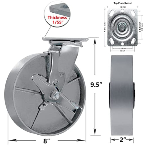 Heavy Duty Caster Steel Cast Iron Wheel, Tool Box and Workbench Caster-Set of 4, 5200LB Capacity (8 inch, 2Brake & 2 Swivel)