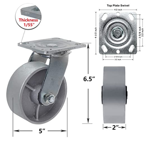 Heavy Duty Caster Steel Cast Iron Wheel, Tool Box and Workbench Caster-Set of 4,4000 LB Capacity (5 inch, 4 Swivel)