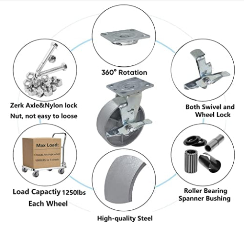 Heavy Duty Caster Steel Cast Iron Wheel, Tool Box and Workbench Caster-Set of 4, 5000LB Capacity (6 inch, 2Swivel & 2Brake)