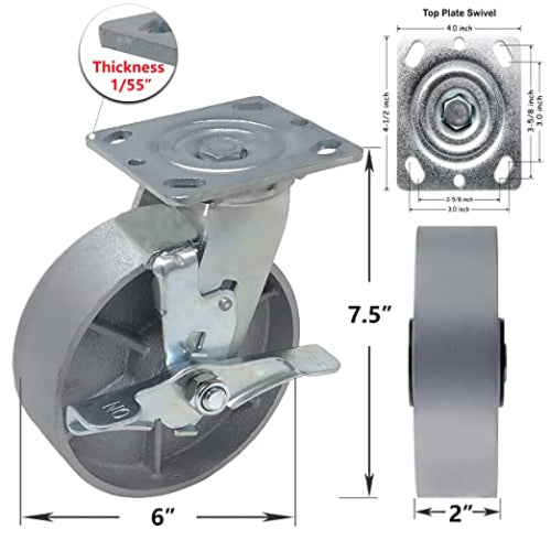 Heavy Duty Caster Steel Cast Iron Wheel, Tool Box and Workbench Caster-Set of 4, 5000LB Capacity (6 inch, 2Swivel & 2Brake)