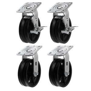 4"x2" Heavy Duty Iron V-Groove Wheel Top Plate Width 2" Caster Capacity up to 3200 lbs (4"x2", 2 Swivel & 2 w/Brake(Black))