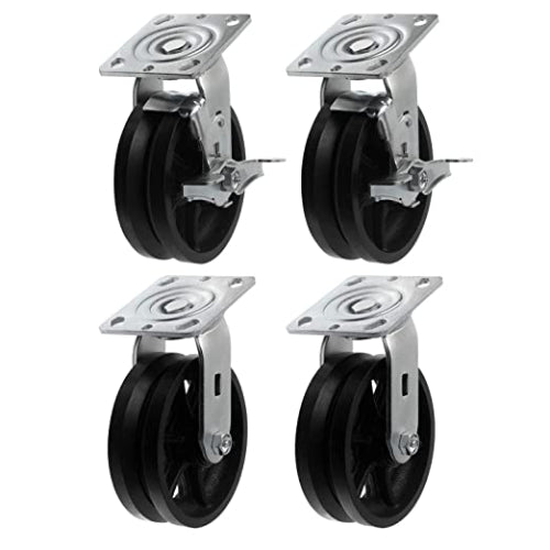 6"x2" Heavy Duty Iron V-Groove Wheel Top Plate Width 2" Caster Capacity up to 4000 lbs (2 Swivel & 2 w/Brake Black)