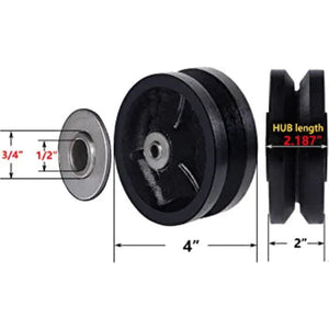 4-inch x 2-inch Cast Iron V-Groove Caster Wheel - Straight Roller Bearing - 600 lbs Capacity - 1 Black Wheel