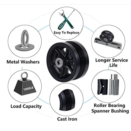 6"x2" Cast Iron V Groove Caster Wheel with Straight Roller Bearing Capacity 4000 lbs (4 Black Wheels)