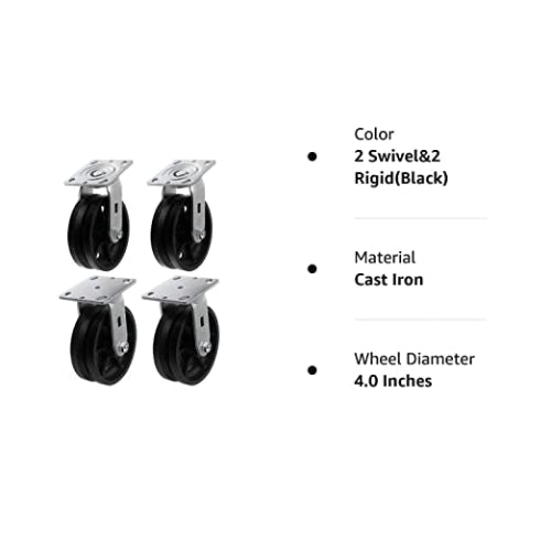 4"x2" Heavy Duty Iron V-Groove Wheel Top Plate Width 2" Caster Capacity up to 3200 lbs (2 Swivel&2 Rigid Black)