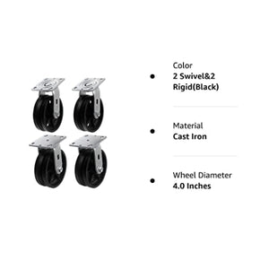 4"x2" Heavy Duty Iron V-Groove Wheel Top Plate Width 2" Caster Capacity up to 3200 lbs (2 Swivel&2 Rigid Black)