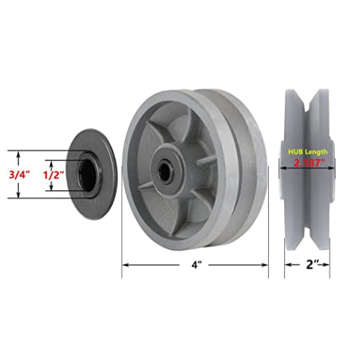 Heavy-Duty 4"x2" Cast Iron V Groove Caster Wheel with 800 lbs Capacity and Straight Roller Bearing (1 Silver Wheel)