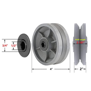 Heavy-Duty 4"x2" Cast Iron V Groove Caster Wheel with 800 lbs Capacity and Straight Roller Bearing (1 Silver Wheel)