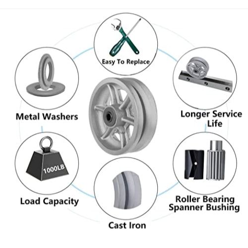 6"x2" Cast Iron V Groove Caster Wheel with Straight Roller Bearing Capacity 4000 lbs (4 Silver Wheels)