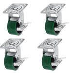 Heavy Duty Polyurethane Swivel Caster Set with Brake and Top Plate - Set of 4 (4", 5", 6", 8" Sizes) - Green (4 Swivel with Brake)