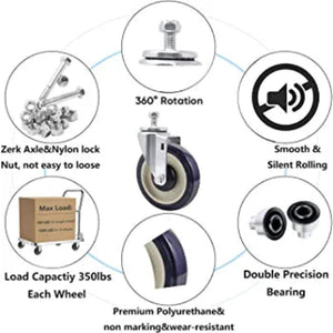 5 Inch Heavy Duty Stem Caster Wheels (3/8" Bore, 4 Pack) for Smooth Cart Movement on Furniture, Storehouse, Workbench