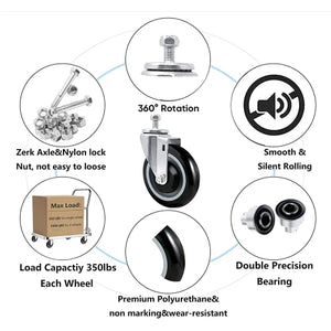 2-Pack Heavy Duty 5-Inch Swivel Stem Casters with Smooth Running Wheels, Perfect for Furniture, Storehouses, and Workbenches - Includes 4 Nuts for Easy Replacement