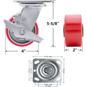 Heavy-Duty Polyurethane Steel Swivel Casters - 3200lb Load Capacity, Silent Swivel for Outdoor Use, Furniture & Luggage Carts [4"x2"], Red