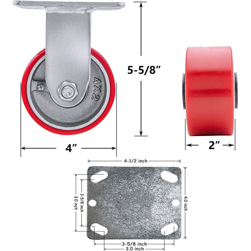 Industrial Polyurethane Casters - Heavy Duty 4"x2" Set of 4 (2 Brake, 2 Rigid) with 3000 LB Load-Bearing Capacity - Ideal for Furniture, Workbenches, and Toolboxes