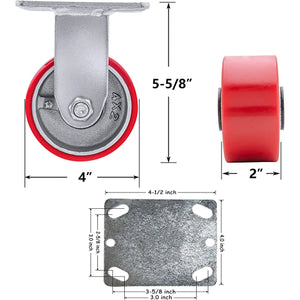 Industrial Polyurethane Casters - Heavy Duty 4"x2" Set of 4 (2 Brake, 2 Rigid) with 3000 LB Load-Bearing Capacity - Ideal for Furniture, Workbenches, and Toolboxes