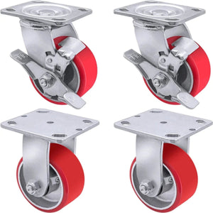 Industrial Polyurethane Casters - Heavy Duty 4"x2" Set of 4 (2 Brake, 2 Rigid) with 3000 LB Load-Bearing Capacity - Ideal for Furniture, Workbenches, and Toolboxes