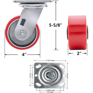 Industrial Heavy Duty 4" x 2" Polyurethane Swivel Caster with 800 LB Load-bearing Capacity - Perfect for Furniture, Workbenches, Tool Boxes (1 Caster