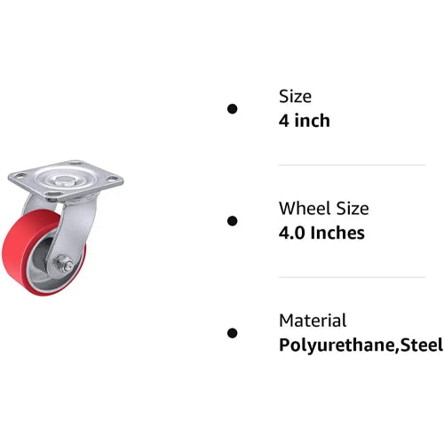 Industrial Heavy Duty 4" x 2" Polyurethane Swivel Caster with 800 LB Load-bearing Capacity - Perfect for Furniture, Workbenches, Tool Boxes (1 Caster