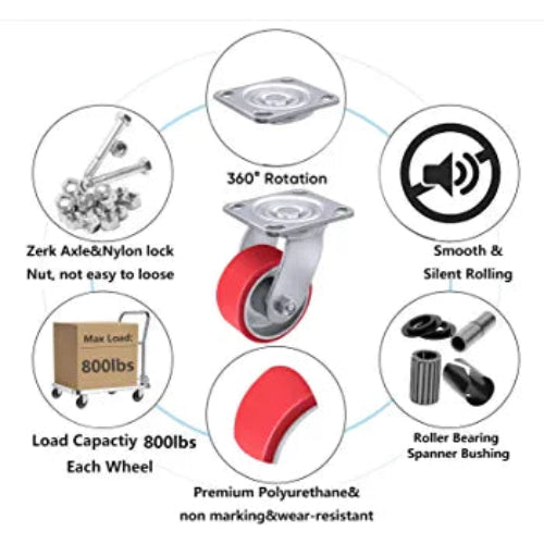 Heavy Duty Polyurethane Casters - 4" x 2" Industrial Set of 4 with 3000 LB Load-Bearing Capacity, Ideal for Furniture, Workbenches, and Tool Boxes (2 Rigid, 2 Swivel)