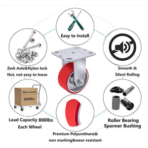 4"x2" Heavy Duty Polyurethane Industrial Caster with 800LB Load-Bearing Capacity - Rigid Caster for Furniture, Workbench, and Tool Box (1 Rigid)