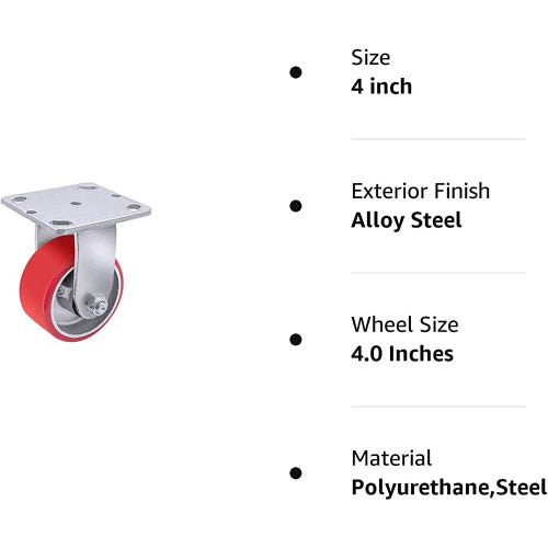 4"x2" Heavy Duty Polyurethane Industrial Caster with 800LB Load-Bearing Capacity - Rigid Caster for Furniture, Workbench, and Tool Box (1 Rigid)