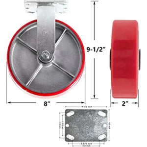 Industrial Strength 8"x2" Heavy Duty Casters - 1500LB Load-Bearing Capacity, Polyurethane Wheels, Rigid Caster - Ideal for Furniture, Workbenches, Toolboxes (1 Rigid)