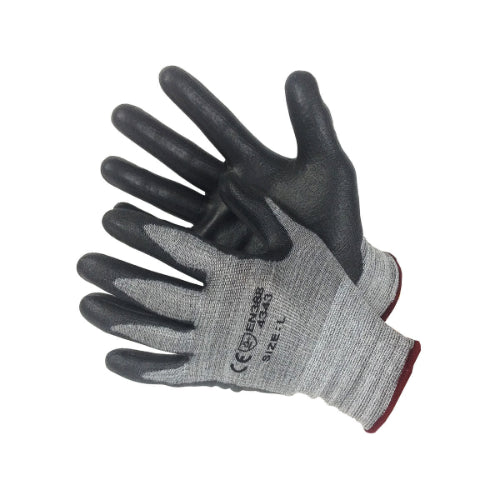 Cut Resistant Gloves, HPPE, Lycra Shell - Salt & Pepper Color with Black PU Palm Coating, Size: XS-2XL