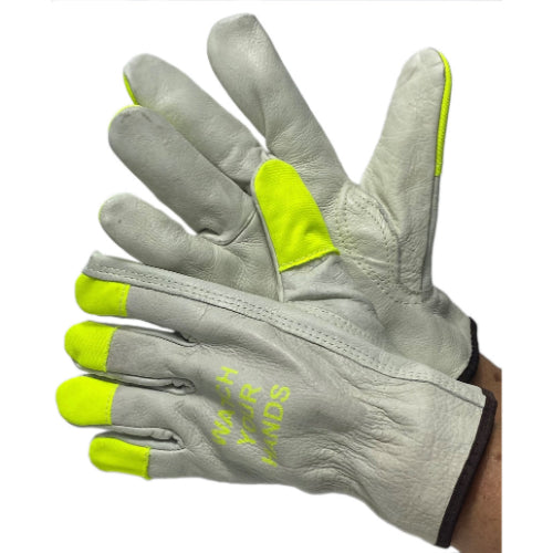 Cowhide Leather Driver Gloves Keystone Thumb - Hi-Viz Finger Tips, Unlined