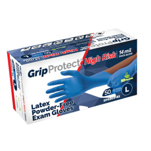 High Risk Exam Grade Latex Gloves with Extended Cuff - Blue, 14mil, Powder Free, S-XL - Case of 1,000