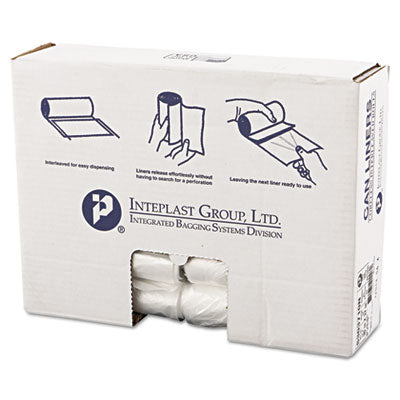 Inteplast Group High-Density Interleaved Commercial Can Liners, 30 gal, 10 microns, 30" x 37", Clear, 25 Bags/Roll, 20 Rolls/Carton