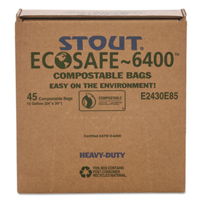 Stout® by Envision™ EcoSafe-6400 Bags, 13 gal, 0.85 mil, 24" x 30", Green, 45/Box