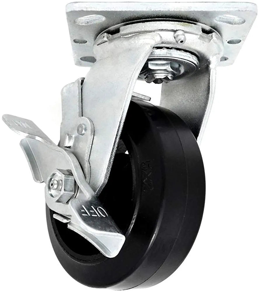 Medium Duty Plate Casters, 5" Rubber Wheels, Swivel with Brake, 4 Pack - 2200 lbs Capacity