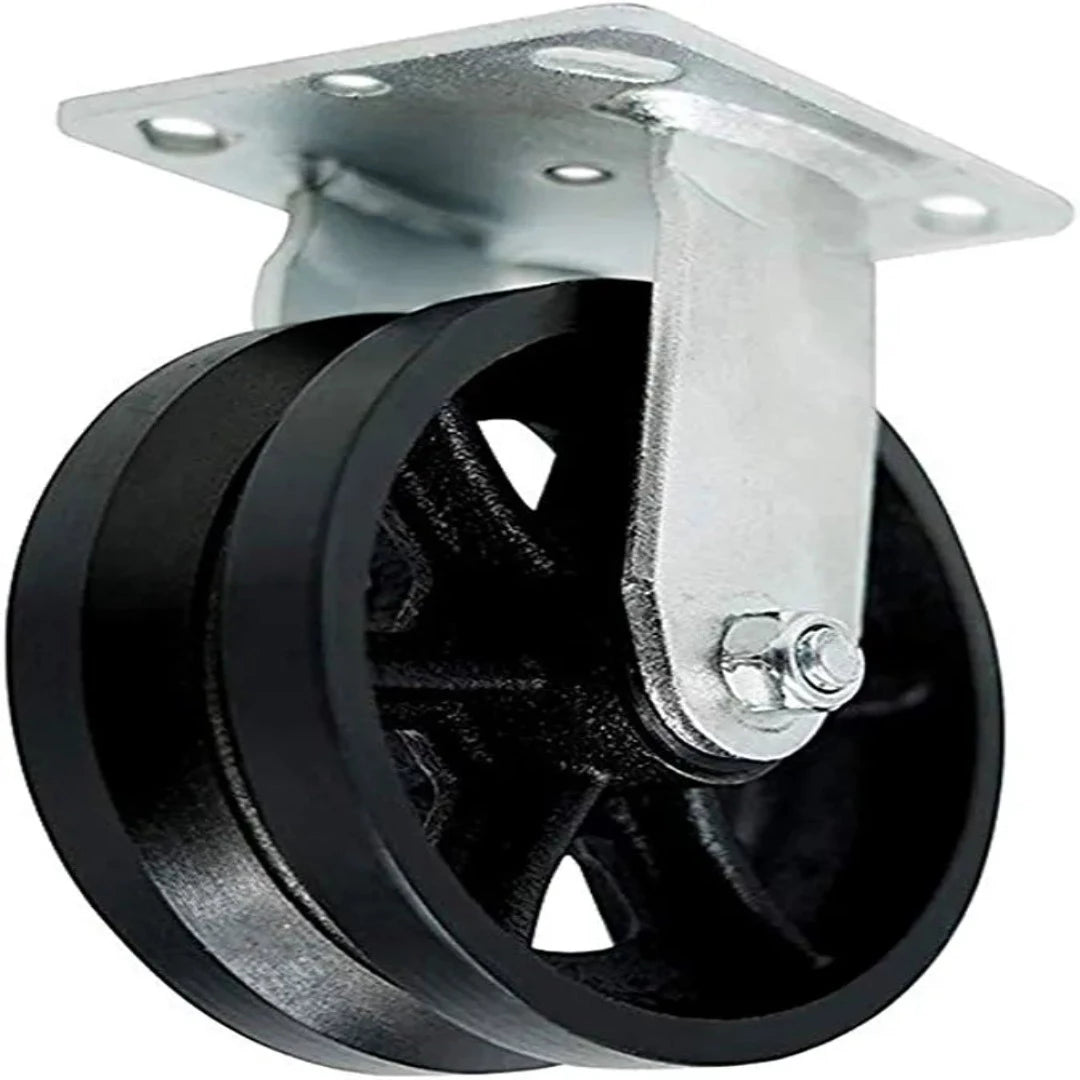 Heavy Duty 6" Cast Iron V-Groove Wheel Caster with 2" Extra Width Plate - 1000lbs Total Capacity (Swivel) - Ideal for Industrial Equipment and Material Handling
