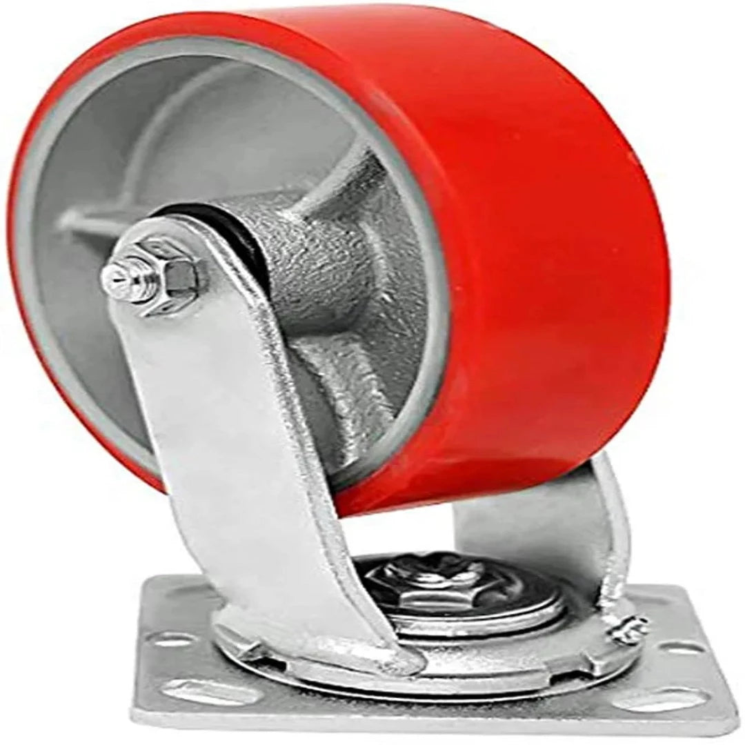 Heavy Duty 5" Plate Caster with 1000lbs Capacity - Red Swivel Polyurethane Wheel